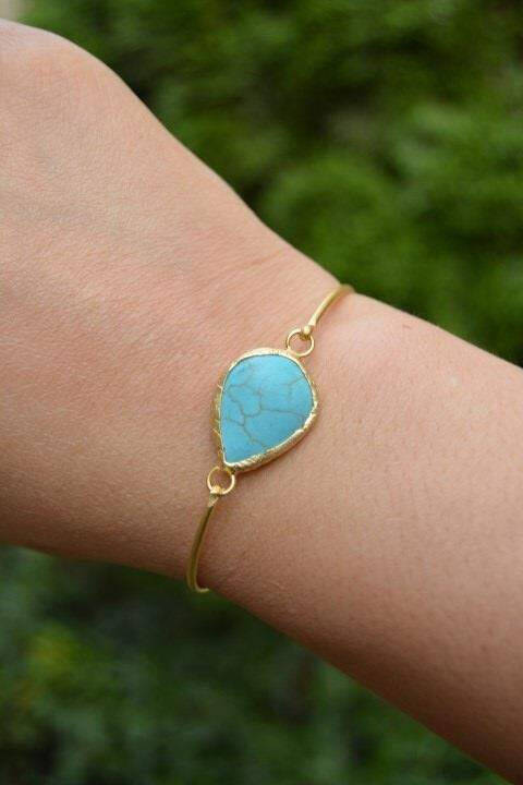 Women's Bracelet Bangle Gold Plated and Turquoise Stone - 4