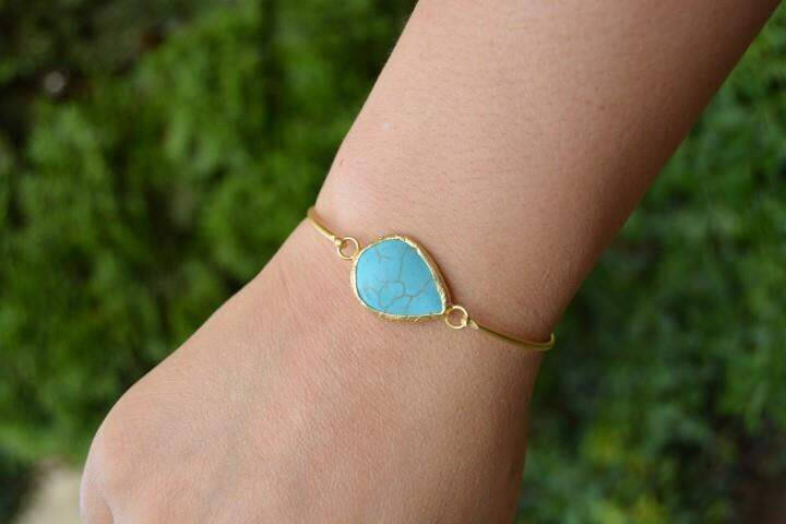 Women's Bracelet Bangle Gold Plated and Turquoise Stone - 6