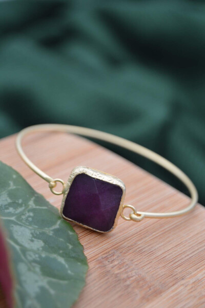 Women's Bracelet Bangle Gold Plated Purple Jade Stone - 2