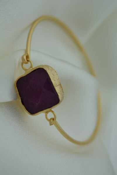 Women's Bracelet Bangle Gold Plated Purple Jade Stone - 1