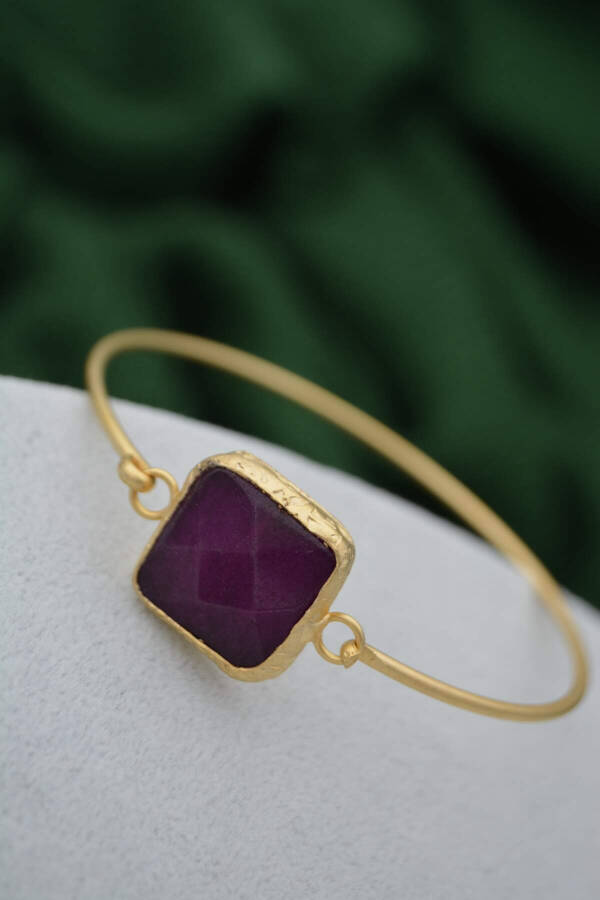 Women's Bracelet Bangle Gold Plated Purple Jade Stone - 3