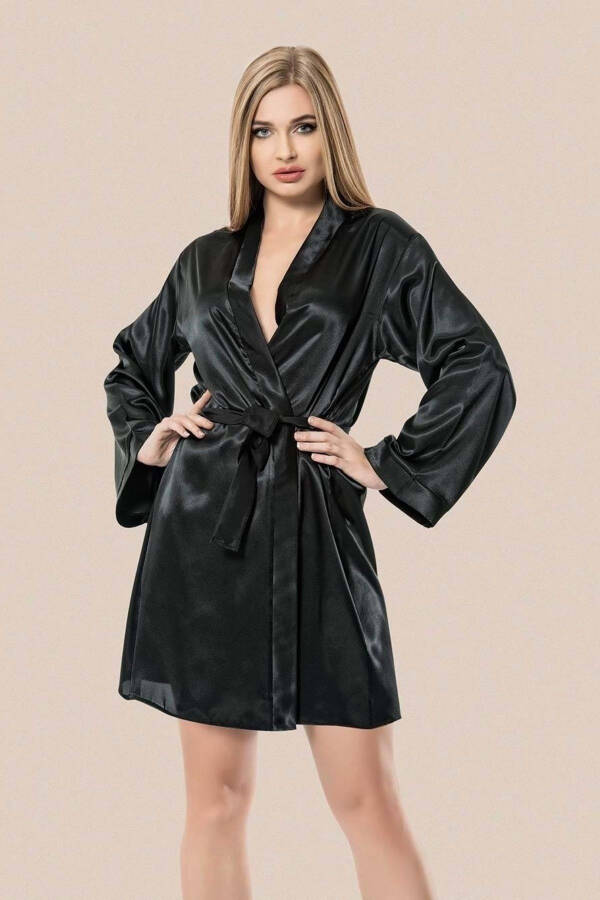 Women's Bride Embroidered Satin Robe Bride - Black - 2