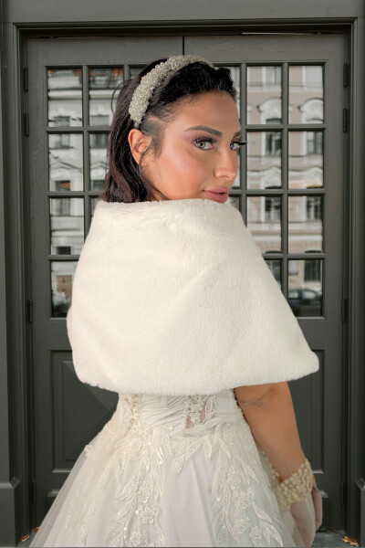 Women's Broken White Short Brooch Fur Stole Bridal Bolero Shoulder Wrap - 7