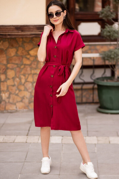 Women's Burgundy Belted Short Sleeve Shirt Dress ARM-19Y001068 - 1