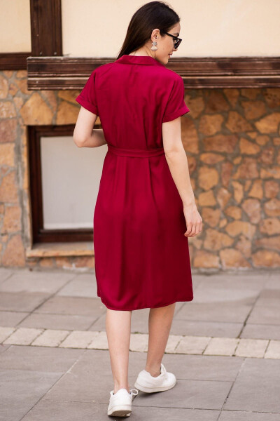 Women's Burgundy Belted Short Sleeve Shirt Dress ARM-19Y001068 - 4