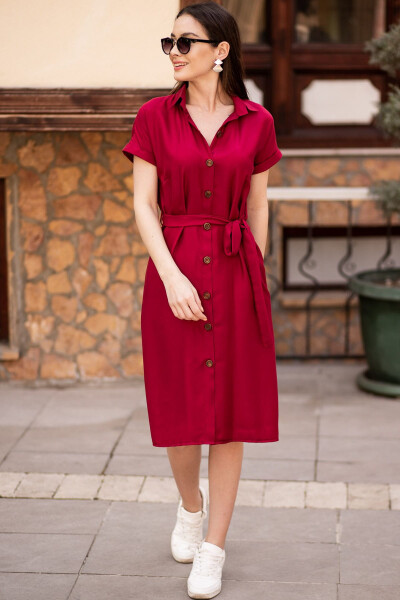 Women's Burgundy Belted Short Sleeve Shirt Dress ARM-19Y001068 - 8