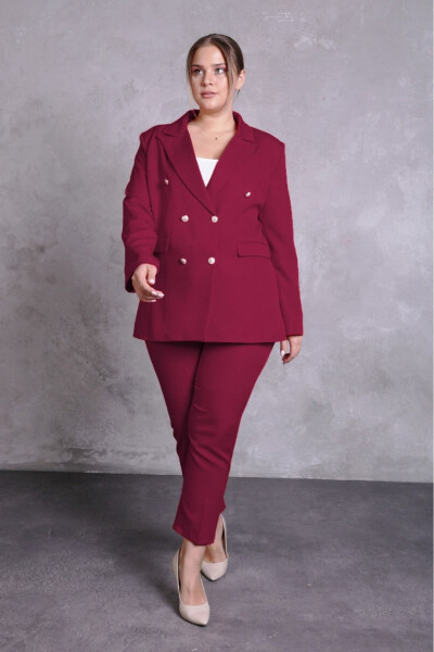 Women's Burgundy Blazer Jacket with Belt, Pockets, Wide Leg Pants, Plus Size Suit - 2