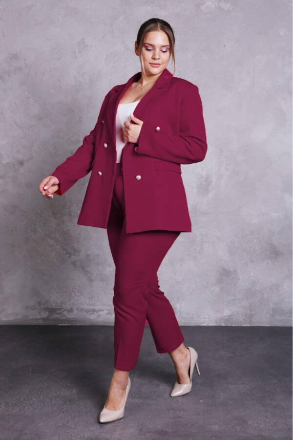 Women's Burgundy Blazer Jacket with Belt, Pockets, Wide Leg Pants, Plus Size Suit - 3