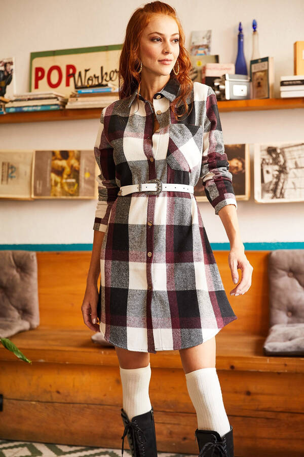 Women's Burgundy Ecru Lumberjack Thick Plaid Tunic Dress ELB-19000836 - 3