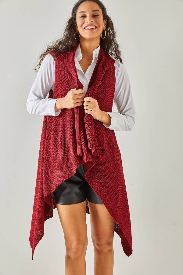 Women's Burgundy Selanik Knit Asymmetrical Cut Knit Vest YLK-19000020 - 1