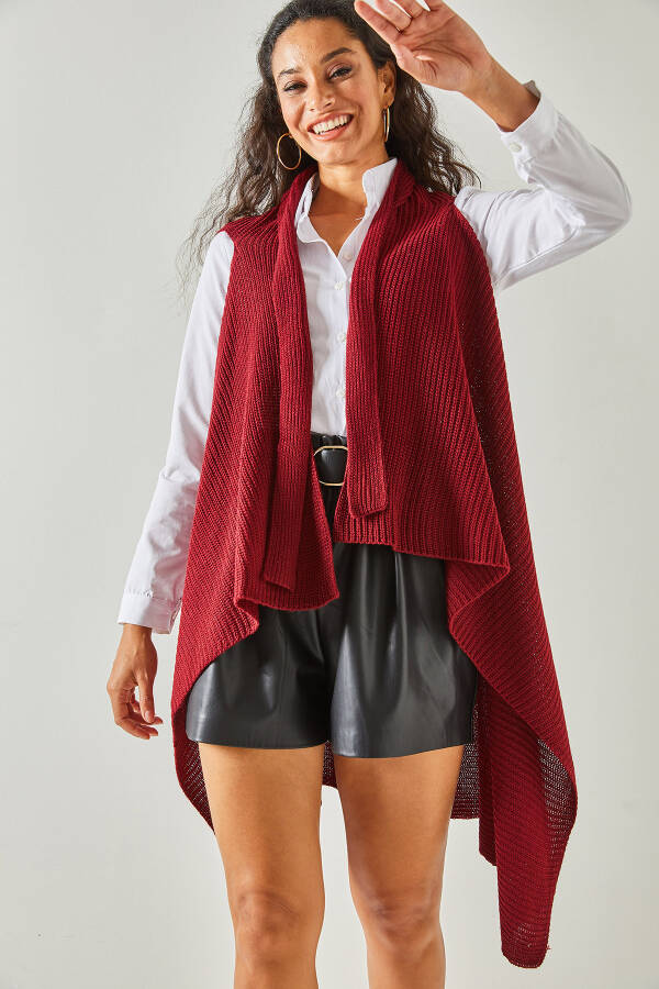 Women's Burgundy Selanik Knit Asymmetrical Cut Knit Vest YLK-19000020 - 2