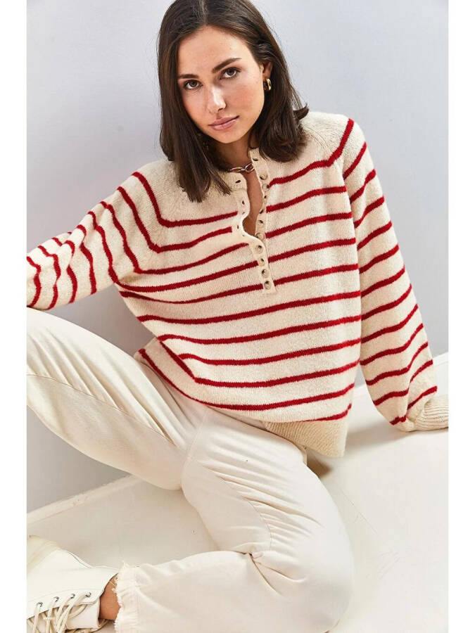 Women's Buttoned Fisherman Neck Striped Knit Sweater - 5