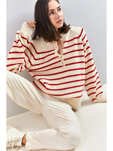 Women's Buttoned Fisherman Neck Striped Knit Sweater - 7