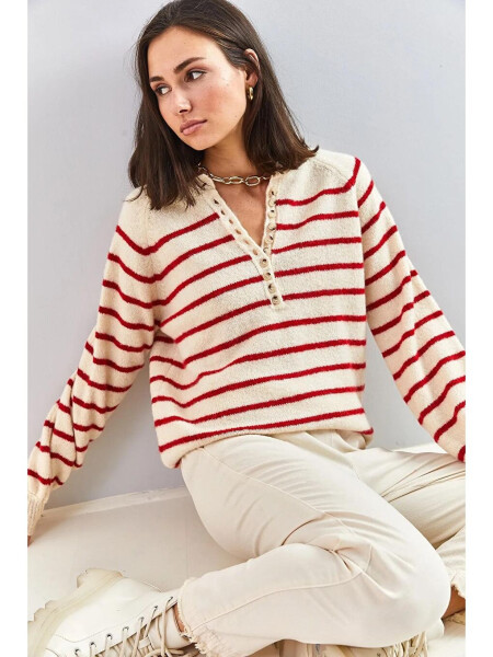 Women's Buttoned Fisherman Neck Striped Knit Sweater - 8