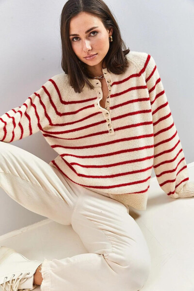 Women's Buttoned Fisherman Neck Striped Knit Sweater - 9