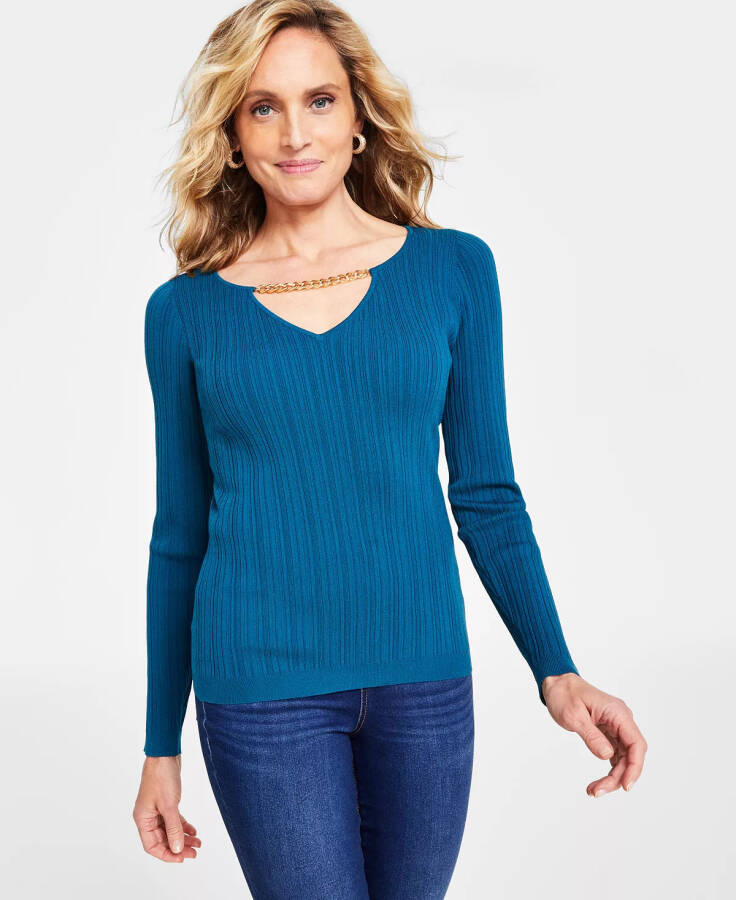 Women's Chain-Detail Ribbed Sweater, Created for Macy's Mosaic Green - 1