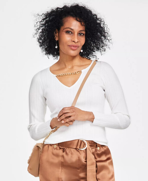 Women's Chain-Detail Ribbed Sweater, Created for Macy's Washed White - 4