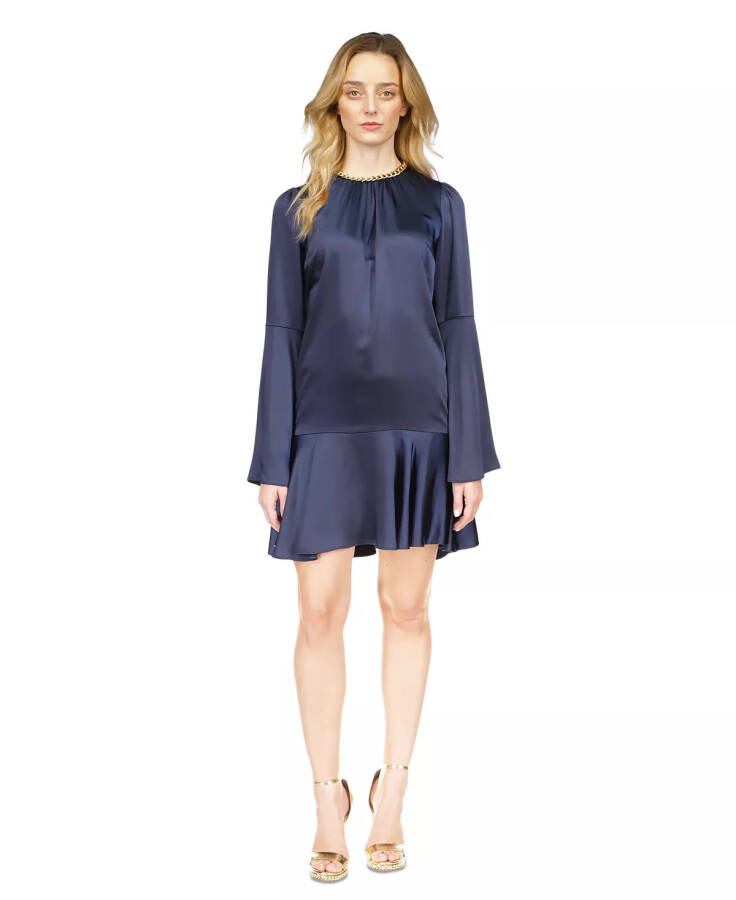 Women's Chain-Neck Bell-Sleeve Dress Midnight Blue - 7