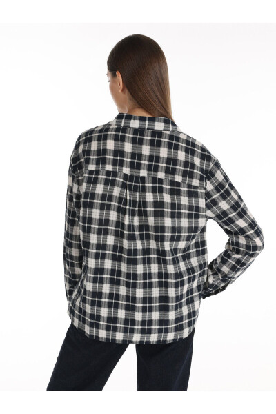 Women's checked, navy blue, regular fit, short-sleeved blouse. - 3