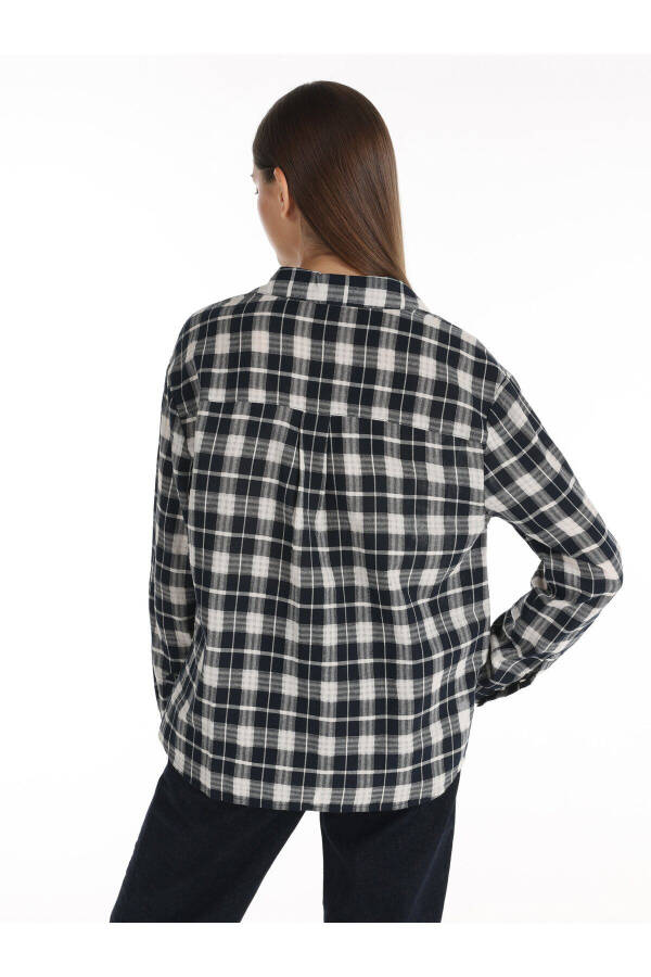 Women's checked, navy blue, regular fit, short-sleeved blouse. - 3