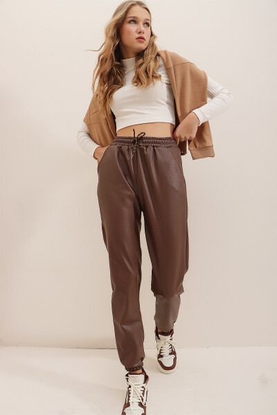 Women's Chocolate Double Pocket Waist and Ankle Elastic Fleece Lined Casual Faux Leather Pants ALC-X7329 - 6