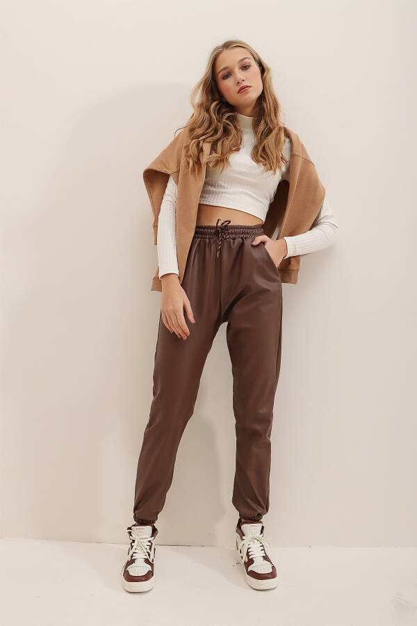 Women's Chocolate Double Pocket Waist and Ankle Elastic Fleece Lined Casual Faux Leather Pants ALC-X7329 - 7