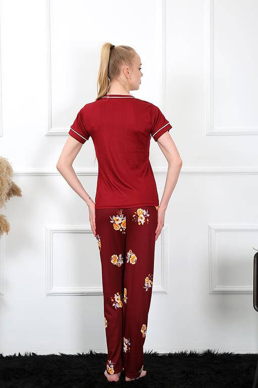 Women's Claret Red Short Sleeve Pajamas Suit 20388 - 4