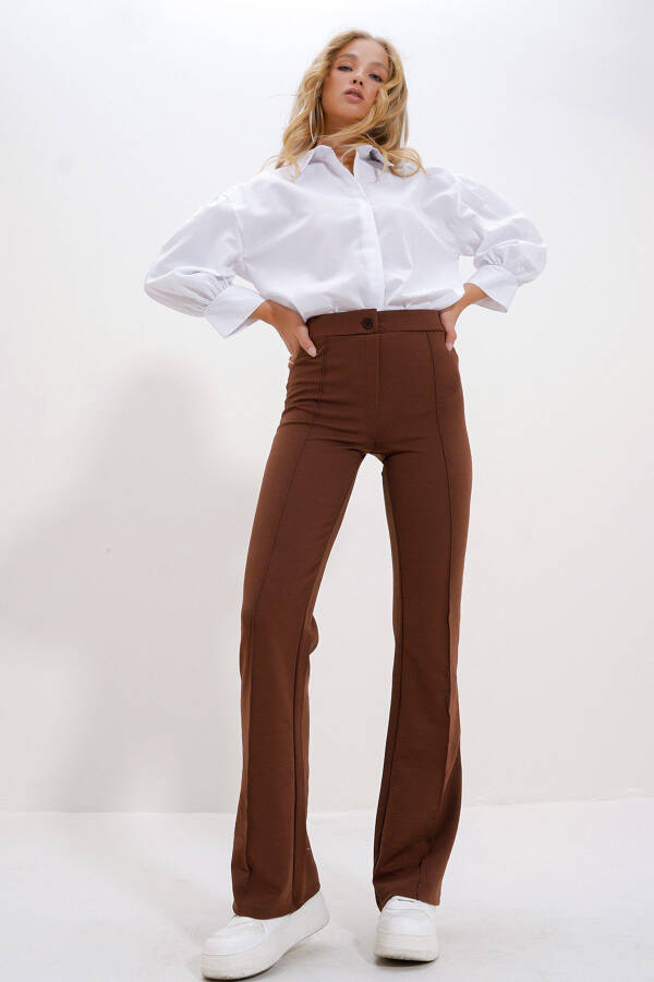 Women's Coffee High Waist Front Pleated Wide Leg Lycra Pants ALC-X9979 - 1