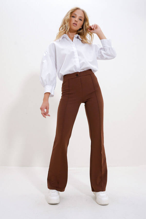 Women's Coffee High Waist Front Pleated Wide Leg Lycra Pants ALC-X9979 - 2