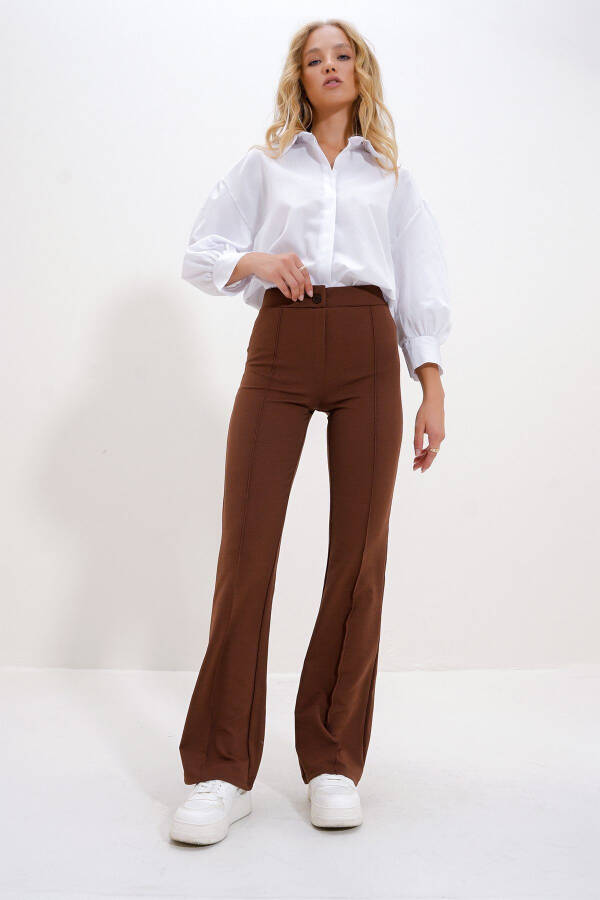 Women's Coffee High Waist Front Pleated Wide Leg Lycra Pants ALC-X9979 - 3