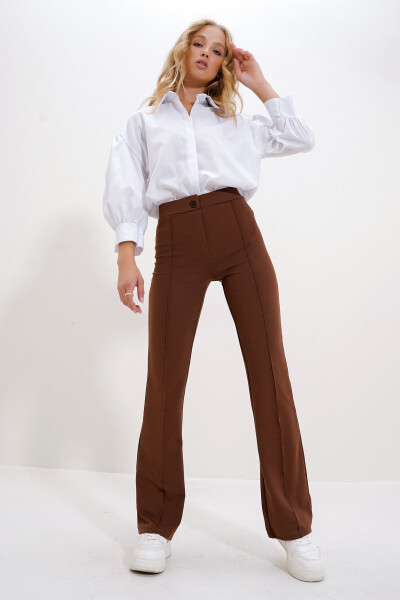 Women's Coffee High Waist Front Pleated Wide Leg Lycra Pants ALC-X9979 - 4