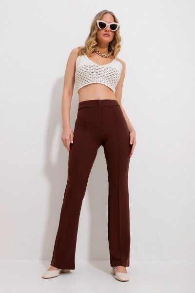 Women's Coffee High Waist Front Pleated Wide Leg Lycra Pants ALC-X9979 - 8