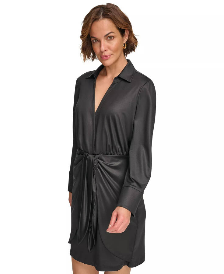 Women's Collared Long-Sleeve Surplice Dress Black - 4