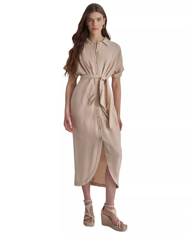 Women's Collared Short-Sleeve Crinkle Shirt Dress Elegant Beige - 1