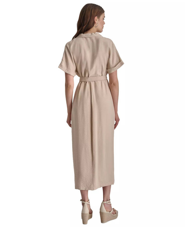 Women's Collared Short-Sleeve Crinkle Shirt Dress Elegant Beige - 2