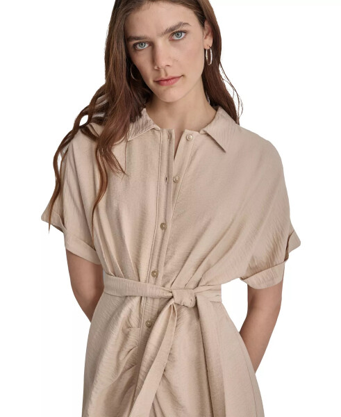 Women's Collared Short-Sleeve Crinkle Shirt Dress Elegant Beige - 4