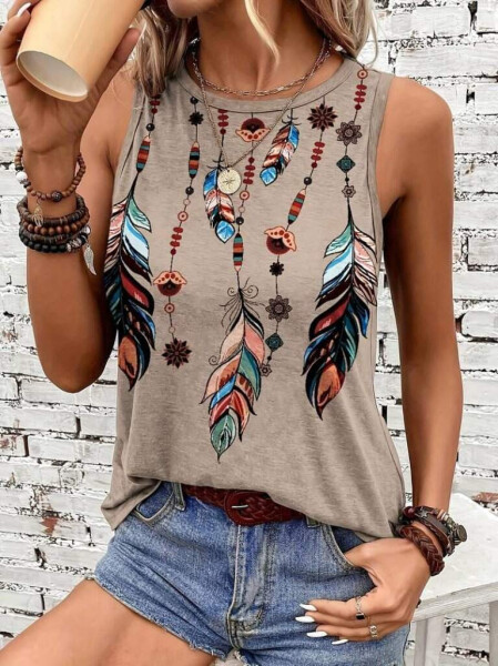 Women's Colorfull Feather Print Sleeveless Supreme Blouse - 1