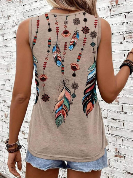 Women's Colorfull Feather Print Sleeveless Supreme Blouse - 2