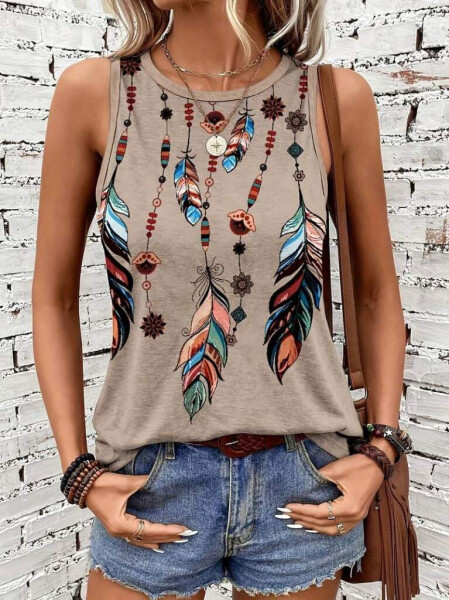 Women's Colorfull Feather Print Sleeveless Supreme Blouse - 3