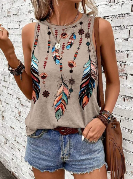 Women's Colorfull Feather Print Sleeveless Supreme Blouse - 4