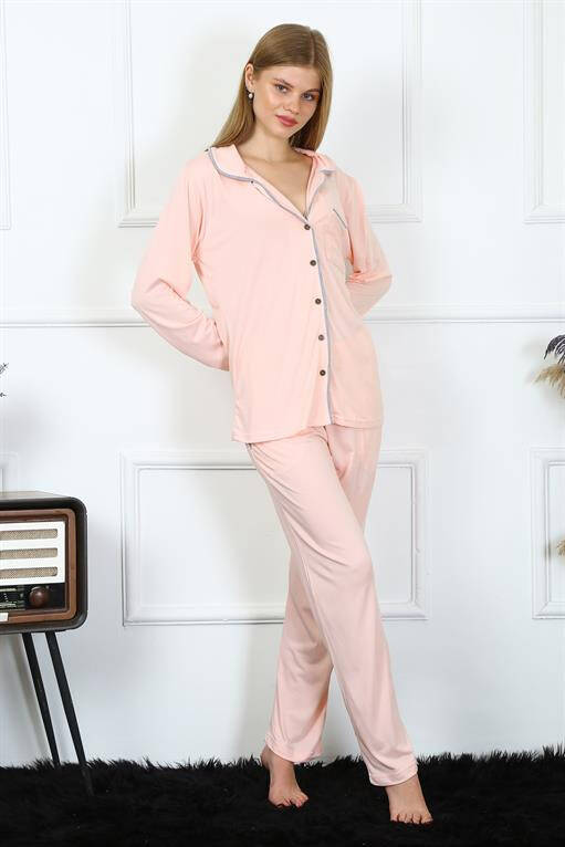 Women's Combed Cotton Long Sleeve Front Buttoned Pajama Set 2778 - 2