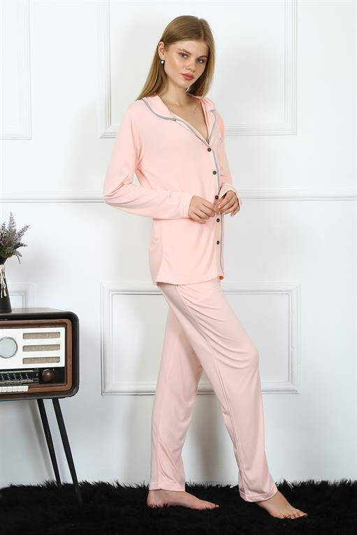 Women's Combed Cotton Long Sleeve Front Buttoned Pajama Set 2778 - 3