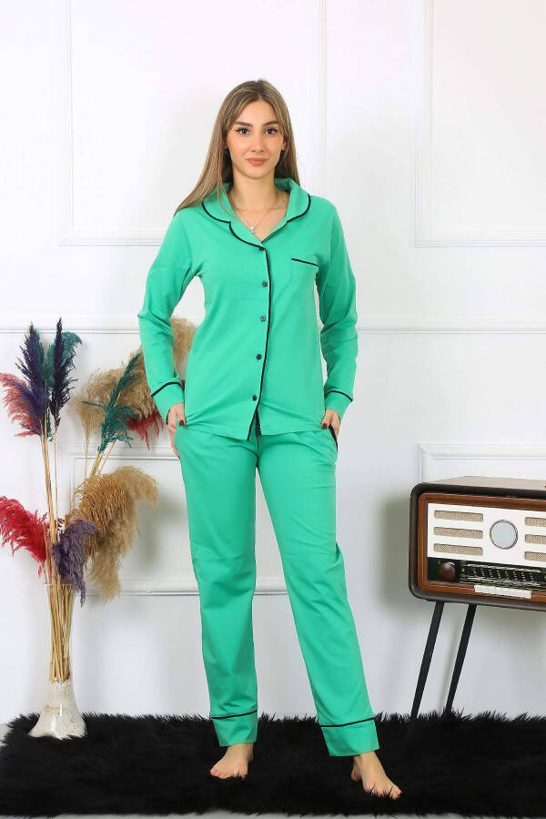 Women's Cotton Jersey Button-Down Long Sleeve Green Pajama Set 2782 - 2