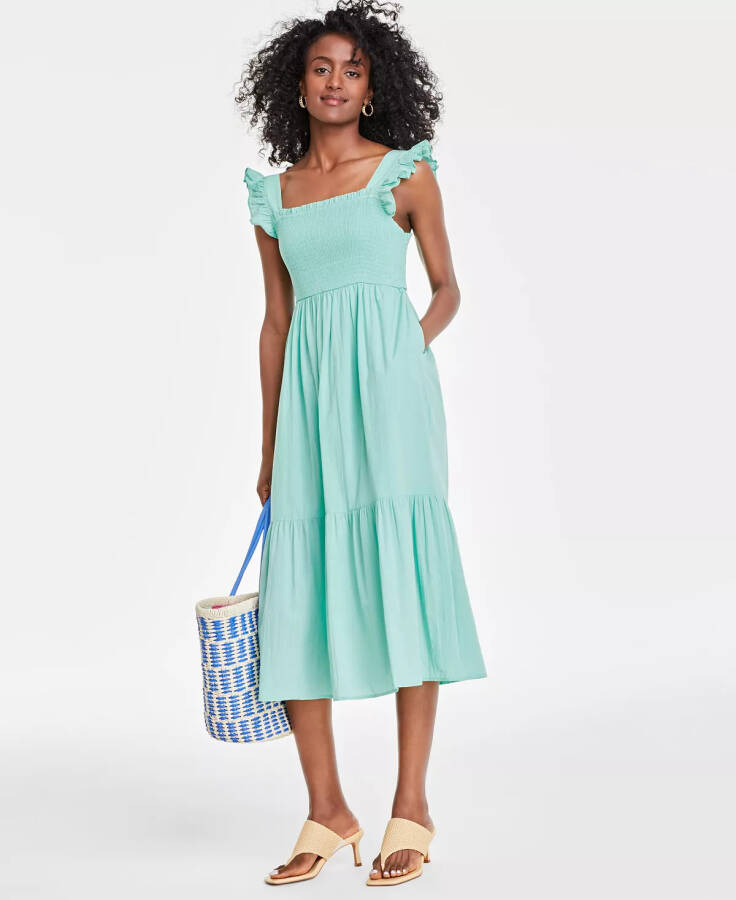 Women's Cotton Smocked Midi Dress, Created for Macy's Sea Mist Green - 4