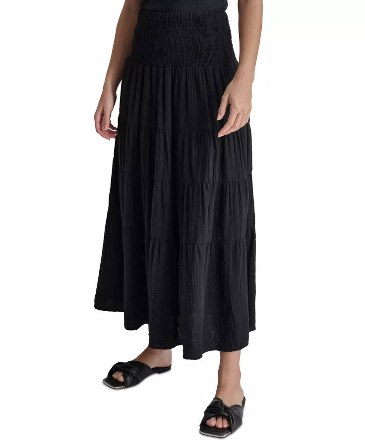 Women's Cotton Smocked-Waist Tiered Maxi Skirt Black - 3