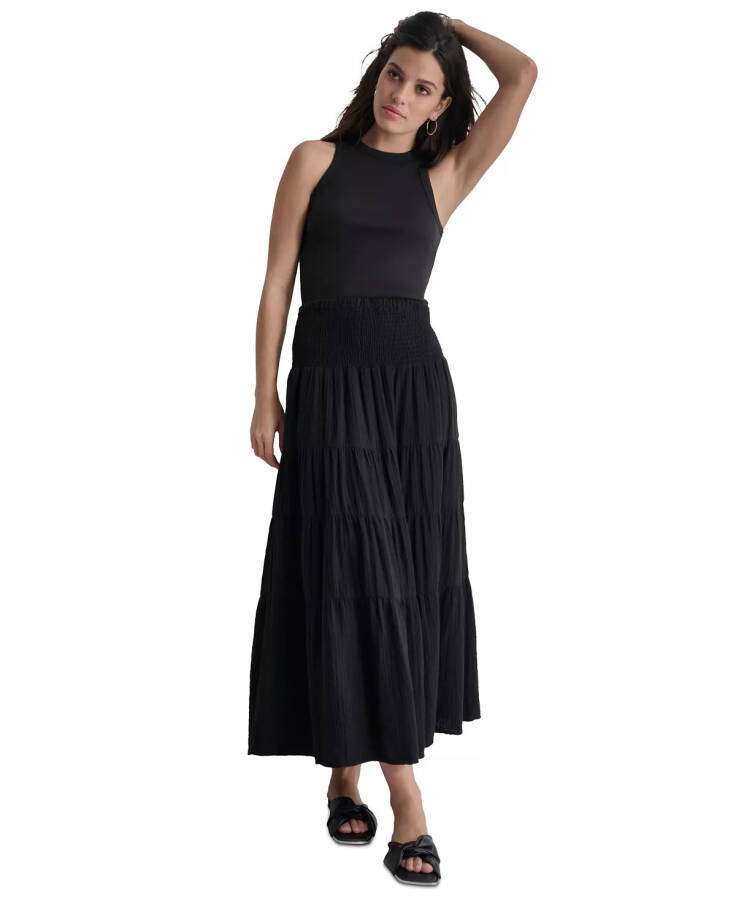 Women's Cotton Smocked-Waist Tiered Maxi Skirt Black - 5