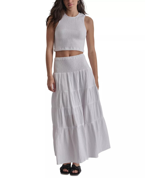 Women's Cotton Smocked-Waist Tiered Maxi Skirt White - 3