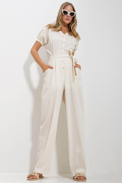 Women's Cream Button Front Double Pocket Linen Jumpsuit ALC-X11626 - 1