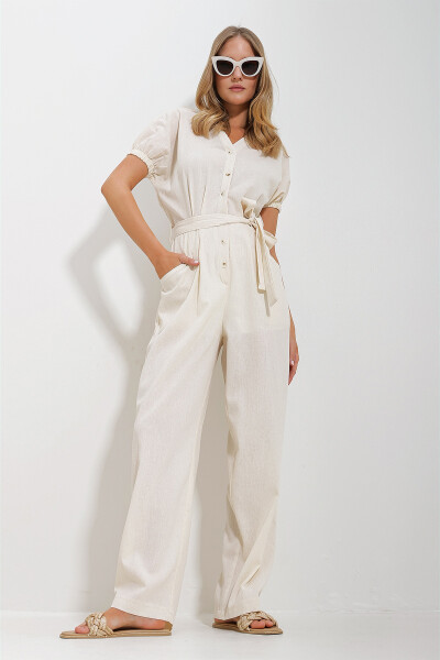 Women's Cream Button Front Double Pocket Linen Jumpsuit ALC-X11626 - 5