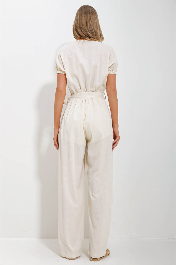 Women's Cream Button Front Double Pocket Linen Jumpsuit ALC-X11626 - 6